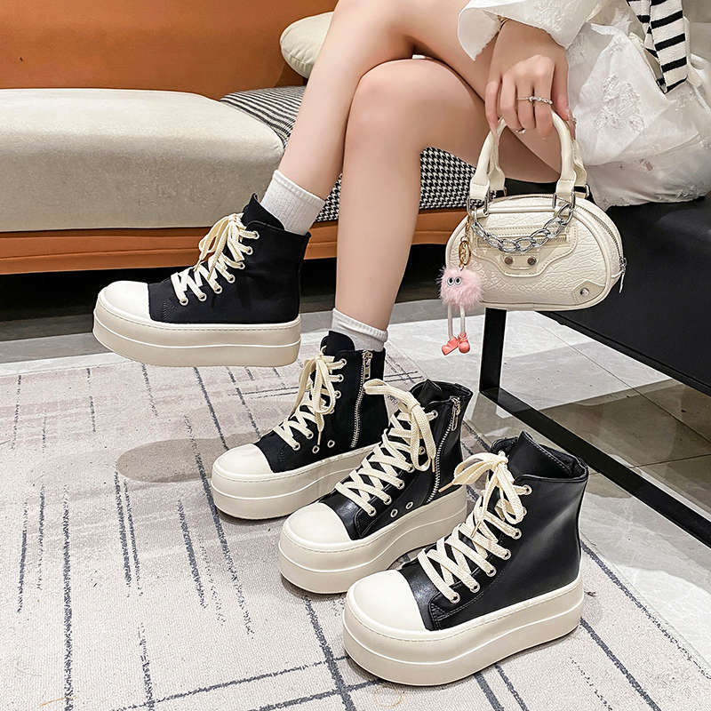 New Spring Autumn Women's High-Top Casual Sneakers, Thick-Soled Platform Height-Increasing Short Boots, Trendy Niche Style Fashion Footwear